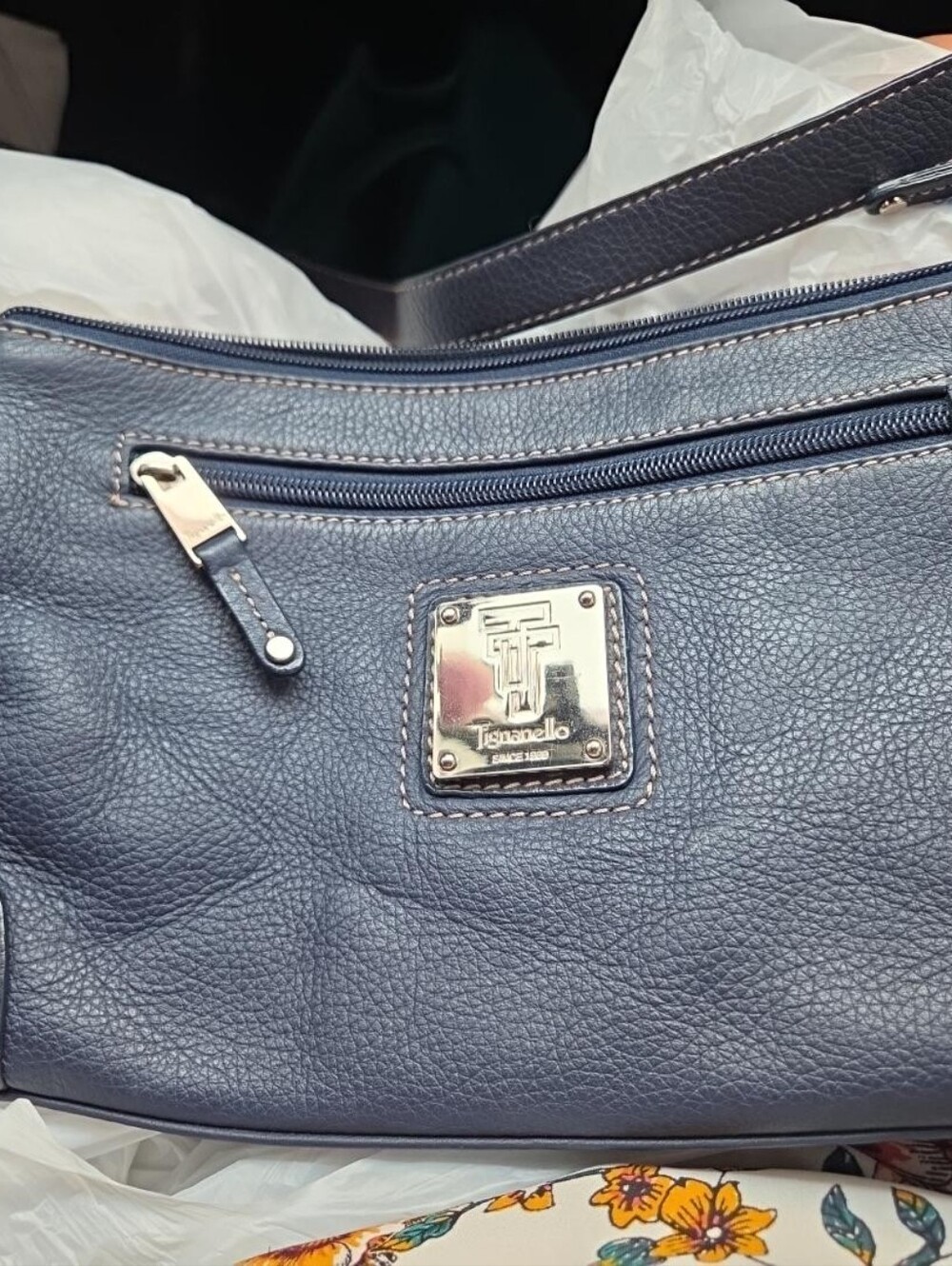 Tignanello Navy Blue Pebbled Leather Shoulder Bag Zip Top Silver Hardware